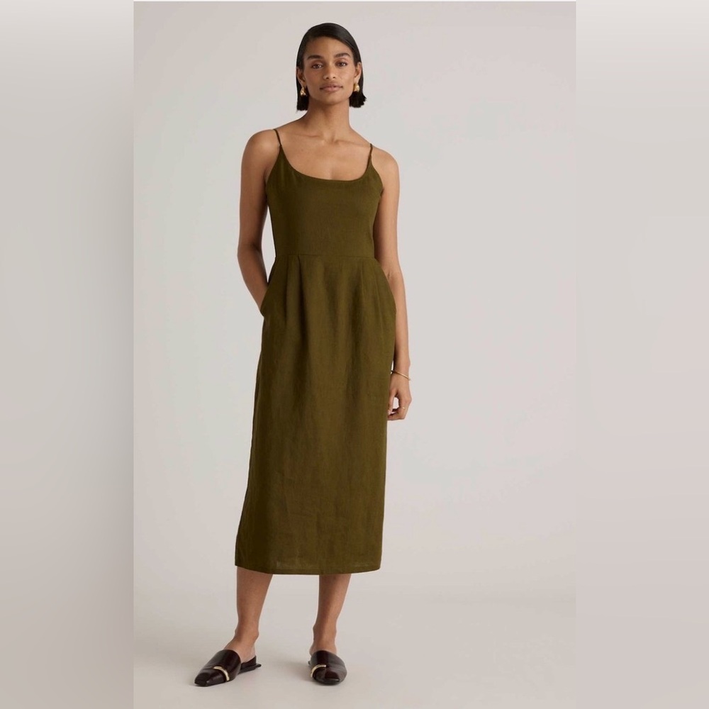 Quince Linen L Martini Olive Green Midi Slip Dress w/ Spaghetti Straps